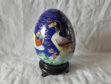 Gros OEUF CLOISONNÉ Décor Canards Cane Fond Bleu Cobalt Hauteur Oeuf 10cm 0kg160