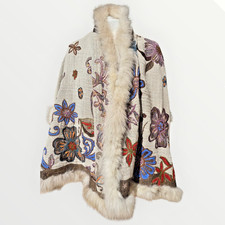 Hand Made 100% Wool Shawl With Fur Edges Trim, Made In Kashmir India 66” X 26”