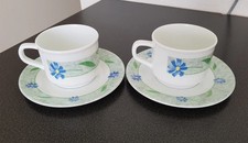 Tasses à café + soucoupe mélamine vert bleu blanc fleurs X2. Neuf