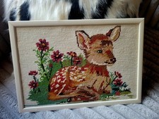 CADRE VINTAGE CHAMBRE ENFANT CANEVAS LAINE TRICOT FAON BAMBI