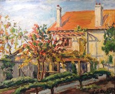 GASTON LABORDE TABLEAU HSP JARDIN FLEURI MAISON  NORMAND PEINTURE 30/40