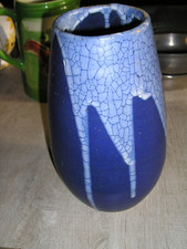 LEON POINTU - VASE GRES de PUISAYE-  SIGNE - BLEU CRAQUELE - MARBRE- CERAMIQUE