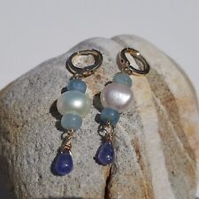 boucles d'oreilles dormeuses en pierre précieuse tanzanite aigue-marine perles