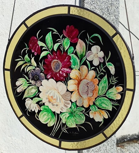 Ancien vitrail peint rond - peint,