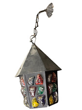 ANCIEN PLAFONNIER LUSTRE D ENTREE COULOIR MARQUISE TULIPE VERRE FER FORGÉ VERT