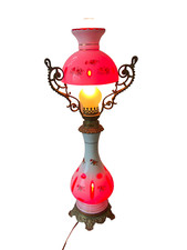 Pied de lampe  verre blanc et rouge forme balustre, décor fleurs, monture laiton