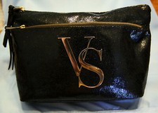 Victoria's Secret NEW Black Sparkly Clutch - VS Gold Emblem & 2 Zipper Section