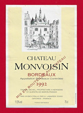 97 10 Etiquette BORDEAUX Château MONVOISIN 1992 PASCAL MICHEL prop à Nérigean