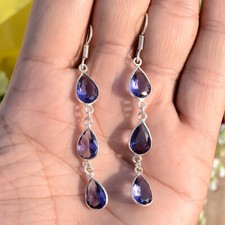 Boucles d'oreilles pendantes et goutte en argent sterling 925 pierre précieus...