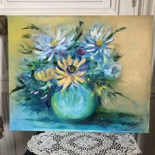 TABLEAU HUILE DUR TOILE NON ENCADRÉ « SYMPHONIE BLEUE » SIGNÉ MAHON