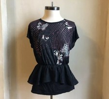 GIANFRANCO FERRE GF SILK BLACK PINK BUTTERFLIES STUDDED PEPLUM BLOUSE M $695 