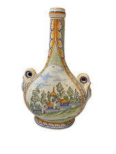 GOURDE CARAFE FAIENCE DE NEVERS SIGNEE GEO MARTEL DECOR PAYSAGES ET VILLAGES