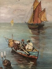 Très Belle Peinture XIXe Gouache Pêche Bateau Mer Méditerranée Marseille Ancien