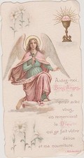 IMAGE PIEUSE HOLY CARD SANTINI ANGE agenouillé/ROBE BLEUE/CAPE ROSE/CRUCIFIX/LYS