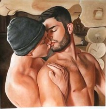 tableau peinture originale huile sur toile homme nu intégrale /gay male painting