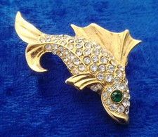 Bijou BROCHE POISSON Métal doré cristaux strass brillants yeux verts