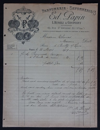Facture paris 1909 - paris, parfumerie