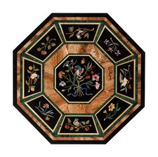 36 " Noir Marbre Café Table Top Multi Pierres Inlay Pietra Dura Travail Décor