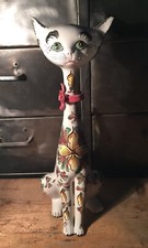 Chat Porcelaine Arras Legland-Walle Fleurs Décor Main 38 Cm