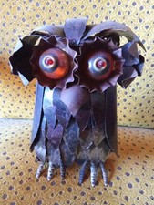 Sculpture électrique Bipeur+Yeux Lumineux Statuette Vintage Tôle Hibou Chouette