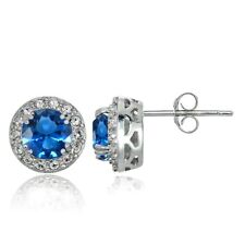 925 Argent Simulé London Bleu Topaze & Cz Accents Rond Halo Boucles D'Oreilles
