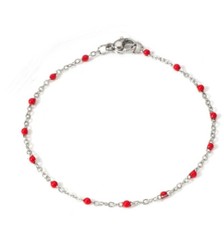 Chaine cheville perles résine rouge acier inoxydable argent bracelet 25 cm