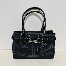 Sac fourre-tout COACH, sac à main, cuir, noir, avec coutures blanches d'occasion