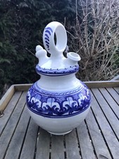 French Gargoulette Faïence Pottery Olive Oil Water Jug Jar Pitcher Blue White