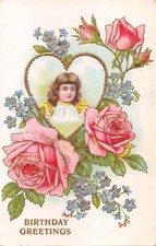 Cartes Postales En Relief Dorées D'Anniversaire 1910 Jeune Fille-Fleurs-Cœur