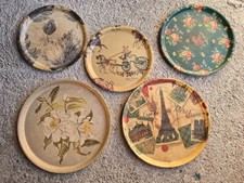Lot 5 plateaux ronds en résine de Service vintage décor divers Fibre de verre
