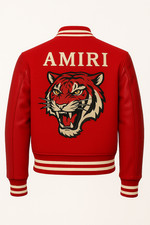 Men’s Red AMIRI Varsity Jacket – Leather Sleeves, Tiger Embroidery, Streetwear