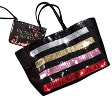 NEW Victoria's Secret 2 Piece Large Sequin Tote with Pouch Bling Black Weekender