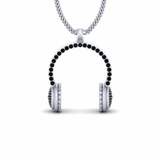 925 Argent Sterling Casque Audio Pendentif Onyx Noir Dj Médaillon Hip Hop