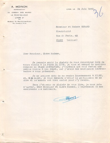 Lettre 1950 moinon a lyon - a.moinon,