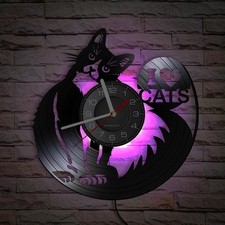 Horloge Murale en Vinyle avec Lampe LED en Forme de Chat Horloge Murale analo...