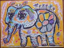 Tableau peinture éléphant Cirque Pachyderme Afrique 21x30 cm/feuille signé
