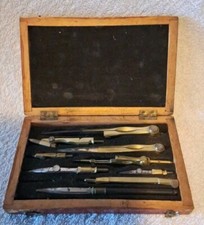 ANCIENNE BOITE COMPAS PORTE MINE POINTE SECHE LAITON FORGE COFFRET BOIS 