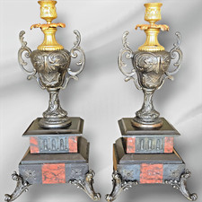 Pair Victorian One Light Candelabras Flat Back Eastlake Style Marble Details