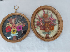 2 CADRES OVALE/ROND VERRE BOMBÉ  FLEURS SÉCHÉES VINTAGE