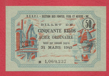 BILLET MATIERE - MARS 1949 - 50 KILOS ACIER ORDINAIRE - NEUF / UNC