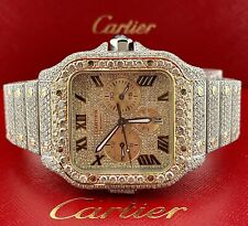 Cartier Santos 45mm XL Chrono Homme 18k Or & Acier Montre 25ct Glacé Diamants