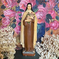 Ancienne Statue Plâtre Polychrome Sainte Thérèse - H. 30 cm - Estampillée SB