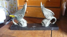  Art Deco  Bookends Marble Base Metal swan