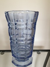 BEAU VASE ART DECO VERRE / CRISTAL PRESSE MOULE BLEU REFLETS VIOLETS