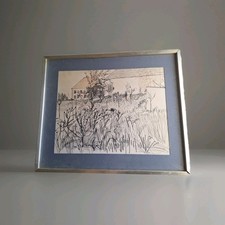 Dessin Ancien Style Bernard Buffet Paysage Arbres Nature.  Tableau  Encadré