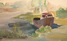 Tableau ancien gouache fauve paysage fluvial bateaux