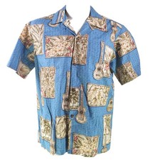 Made IN Hawaii Marque Hawaïen Aloha Chemise M Ukuleles Floral Bambou Bleu Fauve