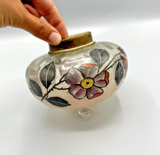 Ancienne réserve toupie à pétrole en verre peint main – décor floral
