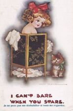 CPA Fantaisie Signée FREDY SPURGIN Fillette derrière paravent japonais Chat CAT
