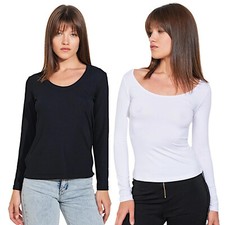 T-Shirt Femme Basique Avec Col Rond Élargi Manches Longues Élastiques Neuf